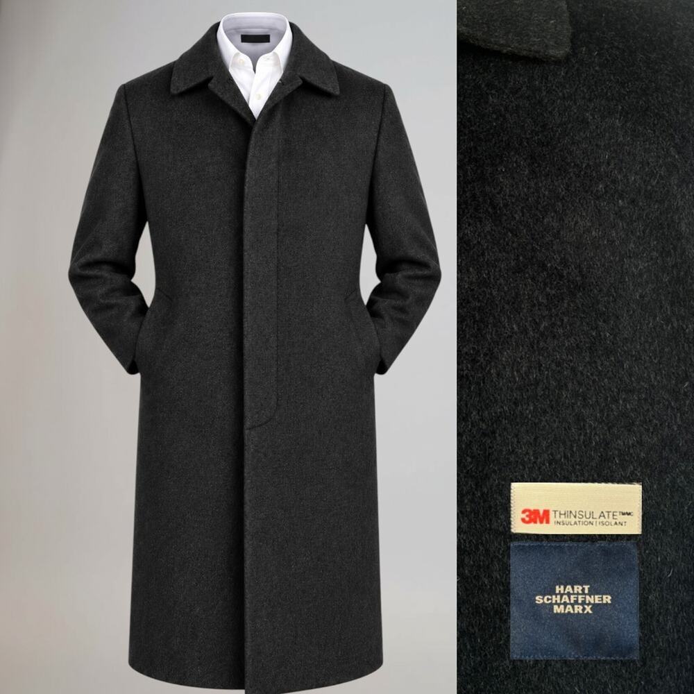 Hart Schaffner Marx 42R Brushed Wool Cashmere Thinsulate Overcoat Charcoal Gray